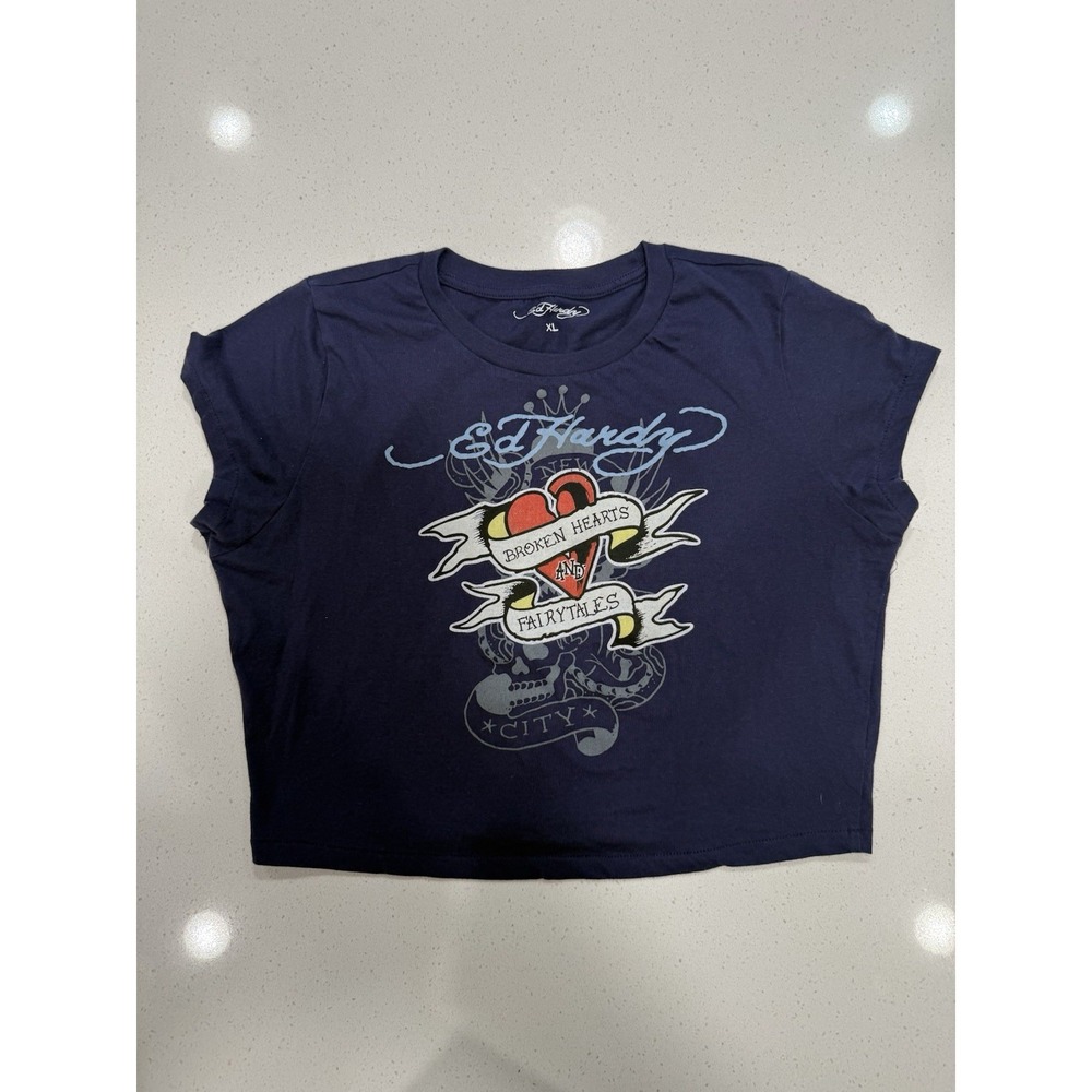 Ed Hardy Women's Baby Tee Size XL Broken Hearts Navy